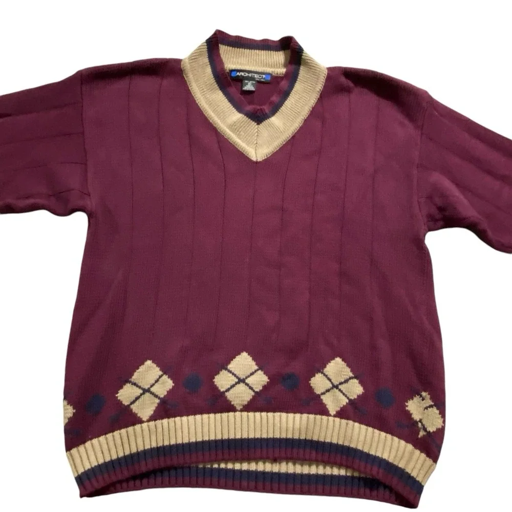 VTG Men's Burgundy Grampcore‎ Jumper V Neck Sweater Banner Tennis Rare! Y2K 90s